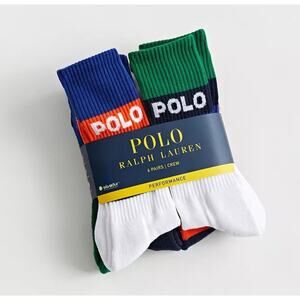 New 6 Pair Pack Polo Ralph Lauren Performance Stripe Crew Sock Multicolor 6-12.5